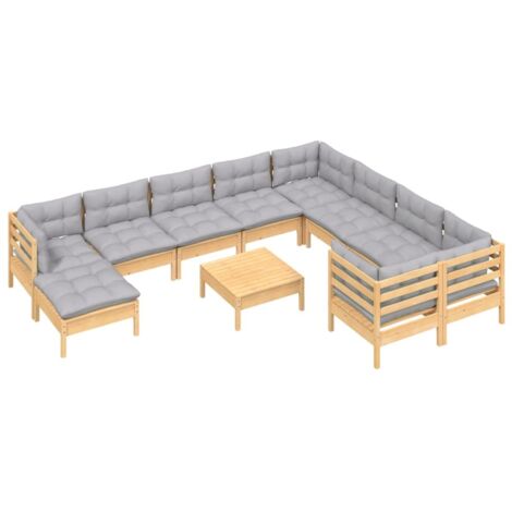 Salon de jardin 11 pcs avec coussins gris bois de pin vidaXL (1/5)