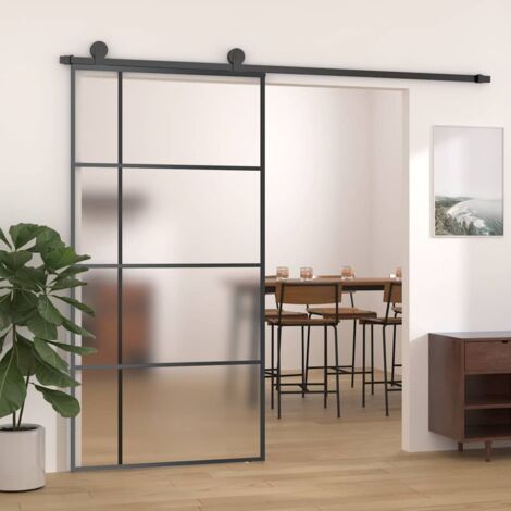 Vidaxl – Porte coulissante en verre ESG dépoli 102,5x205 cm – Aluminium noir – Butée douce pour ouverture silencieuse – Accessoires de montage inclus