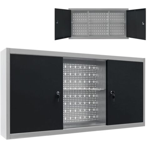 Vidaxl – Armoire à outils murale métal gris et noir – 3 étagères réglables – Dimensions 120 x 19 x 60 cm – Panneau perforé avec crochets