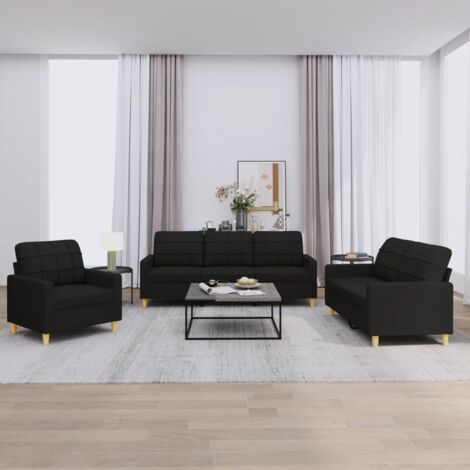 Vidaxl – Ensemble de canapés 3 pcs avec coussins – Canapé droit 2 places 138x77x80 cm – Tissu noir 100% polyester – Fauteuil 78x77x80 cm