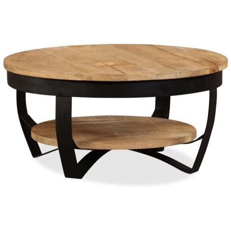 Vidaxl – Table basse fixe en bois de manguier brut 65x32 cm – Base en acier enduit de poudre – Avec étagère – Style industriel vintage