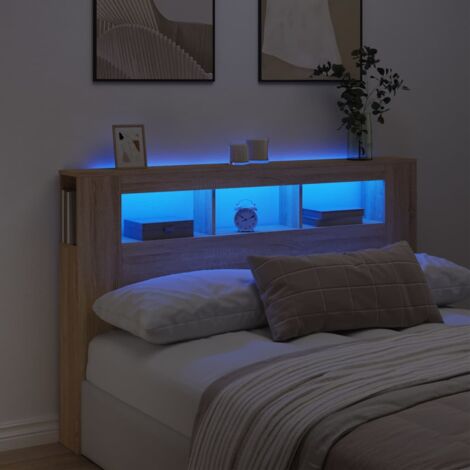 Vidaxl – Tête de lit à LED chêne sonoma 160x18,5x103,5cm – Bois d'ingénierie résistant à l'humidité – Rangement intégré – Connecteur USB