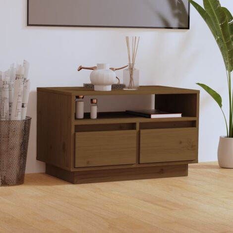 Vidaxl – Meuble TV en bois de pin massif marron miel 60x35x37 cm – Construction stable avec 2 tiroirs – Rangement ordonné pour DVD et consoles (1/5)