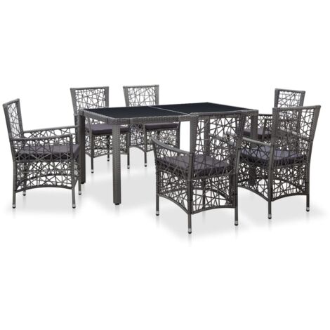 Vidaxl – Ensemble table et chaise de jardin 7 pcs – Résine tressée gris – Table 150x90cm avec verre trempé – Chaises avec coussins amovibles