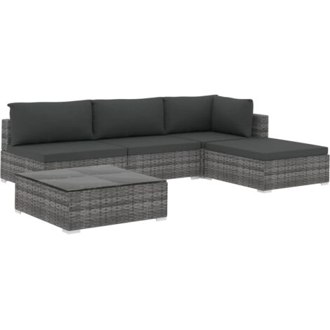 Vidaxl – Salon de jardin 5 pcs résine tressée gris – Coussins épais amovibles – Armature en acier laqué – Table basse en verre trempé (1/5)
