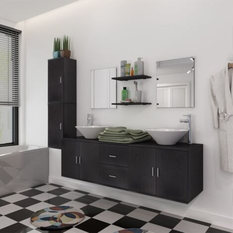 Vidaxl – Ensemble de meubles de salle de bain 9 pcs – Meuble sous-lavabo noir en aggloméré 150x45x45cm – Lavabo céramique blanc 420x140mm