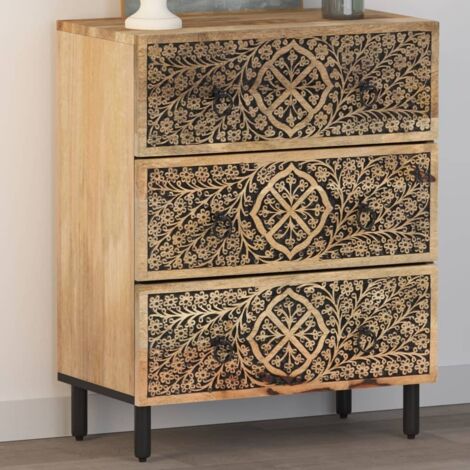 Vidaxl – Armoire latérale bois massif de manguier 60x33x75 cm – Finition naturelle – Motifs floraux sculptés – Pieds en fer pour stabilité (1/6)