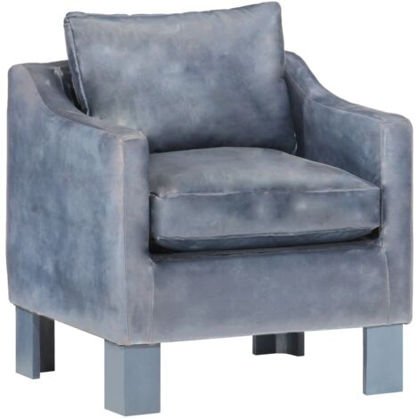 Vidaxl – Fauteuil cabriolet gris en cuir de chèvre véritable – Pieds en bois de manguier massif – Dimensions 63x55x60 cm – Confort optimal (1/7)