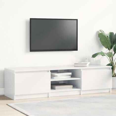 Vidaxl – Meuble TV blanc brillant 140x40x35,5 cm – Aggloméré avec 2 portes et 2 compartiments ouverts – Design classique élégant