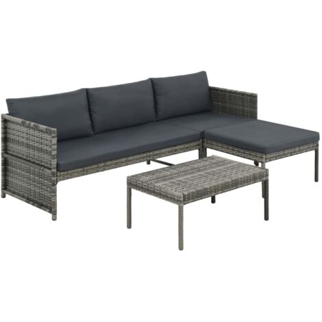 Vidaxl – Salon de jardin 3 pcs – Canapé 3 places en résine tressée imperméable – Coussins épais amovibles gris – Table basse incluse (1/7)