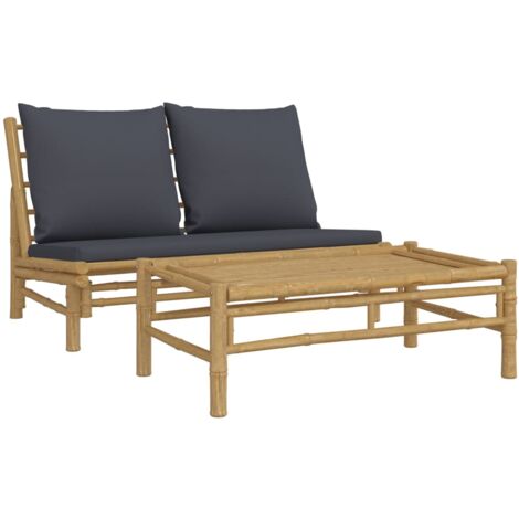 Vidaxl – Salon de jardin 2 pcs en bambou avec coussins gris foncé – Ensemble léger pour extérieur – Confort optimal avec dossier rembourré