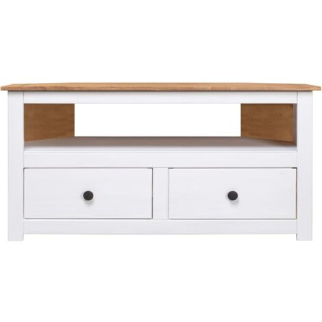 Vidaxl – Meuble TV d'angle blanc 93x49x49 cm en pin massif – 2 tiroirs – Espace de rangement ouvert – Design élégant pour salon