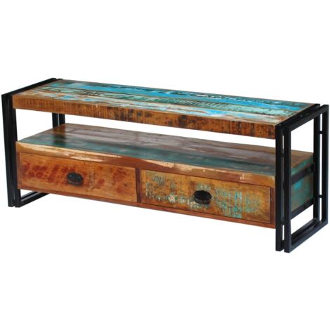 Vidaxl – Meuble TV en bois de récupération massif – Structure en acier – 120 x 35 x 45 cm – 2 tiroirs – Fait main, unique et vintage (1/5)
