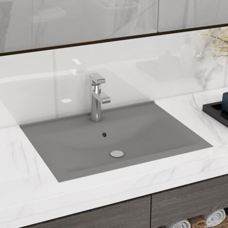 Vidaxl – Vasque à encastrer céramique 60x46 cm – Couleur gris clair mat – Trou de robinet et trop-plein – Installation murale ou suspendue (1/6)