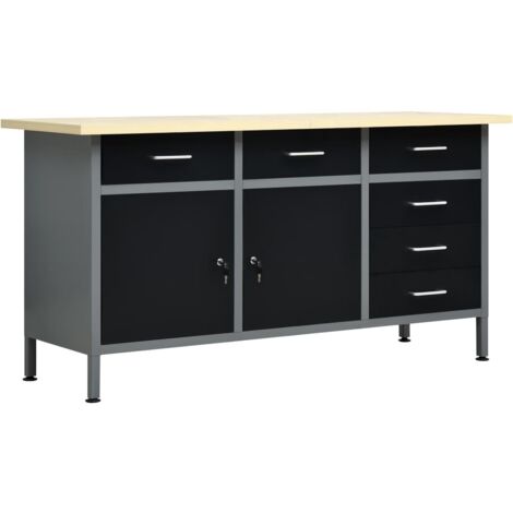 Vidaxl – Établi noir 160x60x85 cm – Acier et bois d'ingénierie – Capacité de charge 500 kg – 6 tiroirs avec roulement à billes – Pieds réglables en hauteur