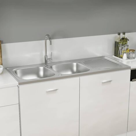Vidaxl – Évier de cuisine double inox 1200x500 mm – Résistant à la chaleur et aux rayures – Montage réversible avec égouttoir latéral