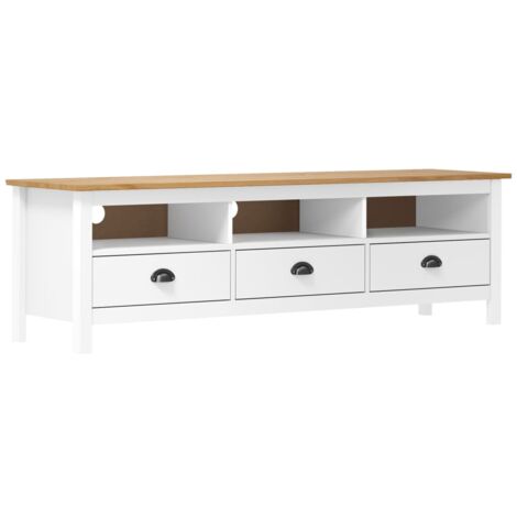 Vidaxl – Meuble TV rétro 158x40x47 cm – Bois de pin massif – 3 étagères et 3 tiroirs – Couleur blanche