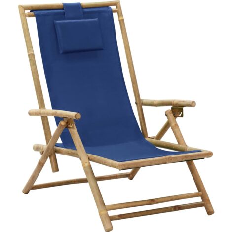 vidaXL Reclining Folding Chair Navy Blue Bamboo and Fabric