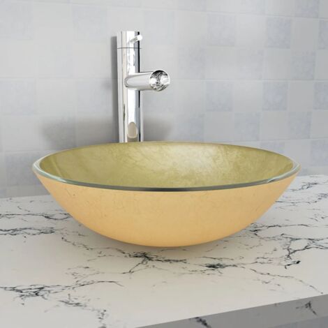 Vidaxl – Lavabo vasque en verre trempé doré 42 x 14 cm – Installation au-dessus du comptoir – Épaisseur 1,2 cm – Diamètre trou de vidange 4,5 cm