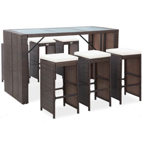 Vidaxl – Ensemble de bar de jardin 7 pcs – Résine tressée marron – Coussins épais amovibles – Table 185x80cm et tabourets 40x40cm