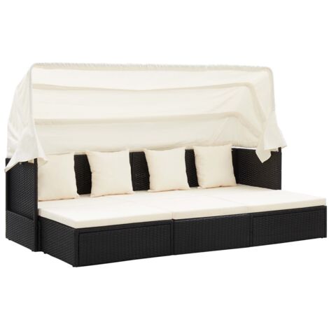 Vidaxl – Lit de jardin avec toit en résine tressée noire – Coussin épais blanc crème – Table élévatrice 56x44,5cm – Résistant aux intempéries