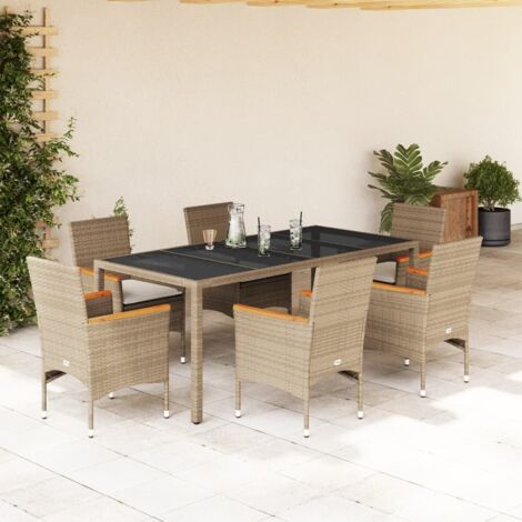vidaXL Ensemble à manger de jardin et coussins 7 pcs beige rotin verre (1/5)