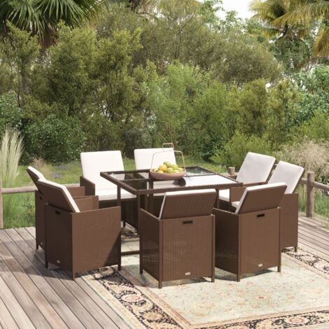 Ensemble à manger de jardin et coussins 9 pcs Poly rotin Marron vidaXL