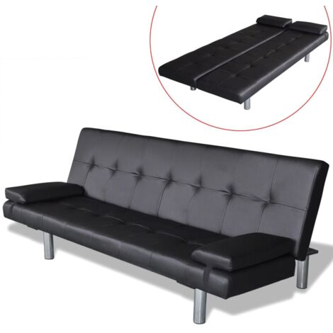 Vidaxl – Canapé convertible noir en simili cuir – 2 oreillers inclus – Dimensions 168x77cm – 3 positions d'inclinaison – Capacité 110kg