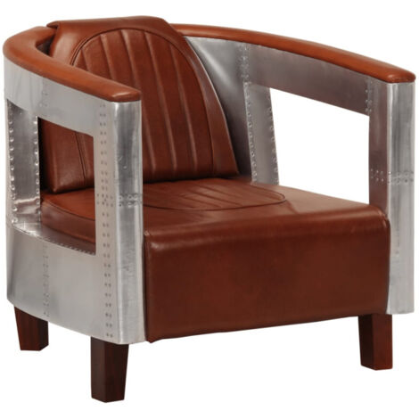 Vidaxl – Fauteuil club en cuir véritable marron – Accoudoirs en aluminium – Dimensions 73 x 67 x 69 cm – Confort optimal pour salon