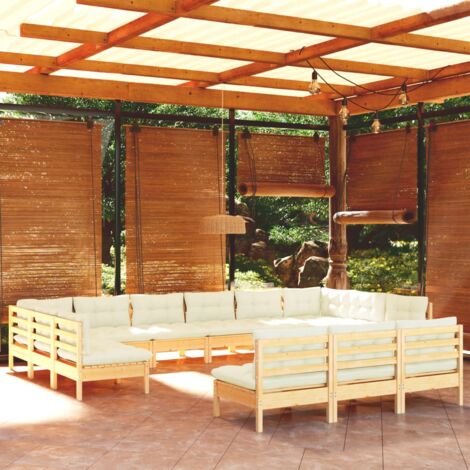 Salon de jardin 13 pcs avec coussins crème Bois de pin solide vidaXL (1/5)