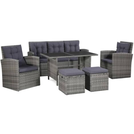 Vidaxl – Salon de jardin 6 pcs avec coussins – Résine tressée gris – Canapé 3 places 160x62x87cm – Table 120x70x66cm – Coussins épais 5cm