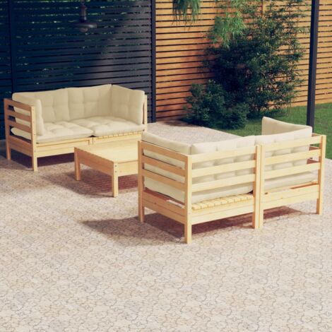 Salon de jardin 5 pcs avec coussins crème Bois de pin (1/5)
