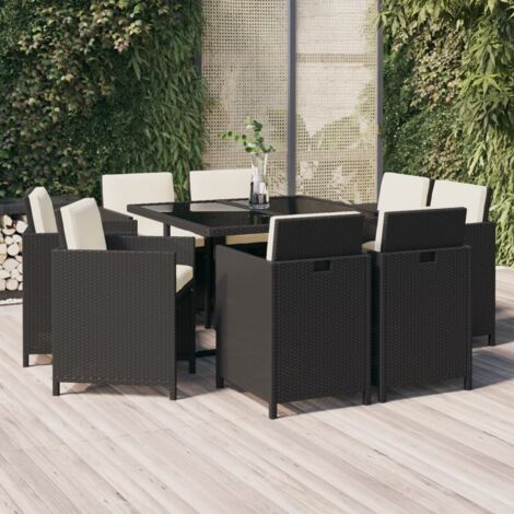 Vidaxl – Ensemble table et chaise de jardin 9 pièces – Résine tressée noire – Coussins épais en polyester – Table 109x107cm, chaises 52x56cm