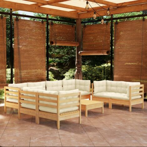Salon de jardin 9 pcs avec coussins crème bois de pin massif vidaXL (1/5)