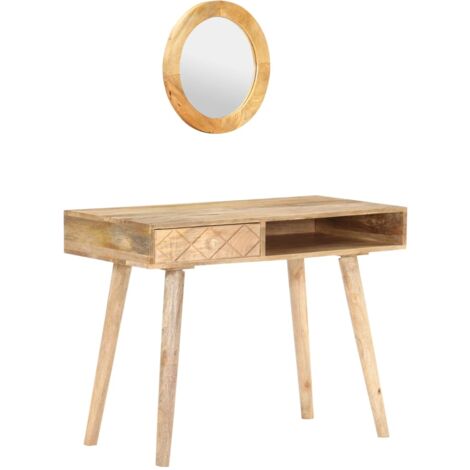 Vidaxl – Coiffeuse en bois de manguier massif 100x50x76 cm – Tiroir de rangement – Finition naturelle – Miroir diamètre 48 cm (1/6)
