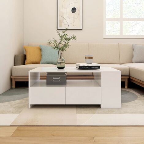 Vidaxl – Table basse fixe blanche 102x55x42 cm – Bois d'ingénierie – Grand espace de rangement avec étagère et tiroirs – Surface facile à nettoyer