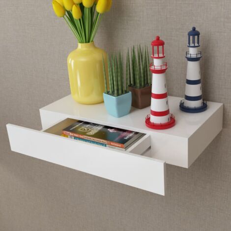 Vidaxl – Étagère murale flottante en MDF blanc – 1 tiroir de rangement – Système de montage invisible – Idéale pour livres et objets décoratifs