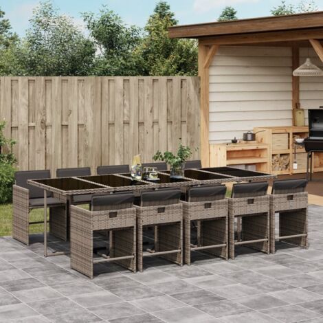 Vidaxl – Ensemble table et chaise de jardin 11pcs – Résine tressée poly rotin – Coussins gris amovibles – Table avec verre trempé 275x106x73cm