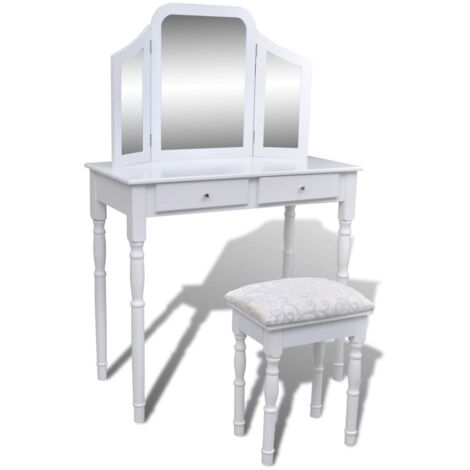vidaXL Coiffeuse avec miroir et tabouret 2 tiroirs Blanc (1/5)