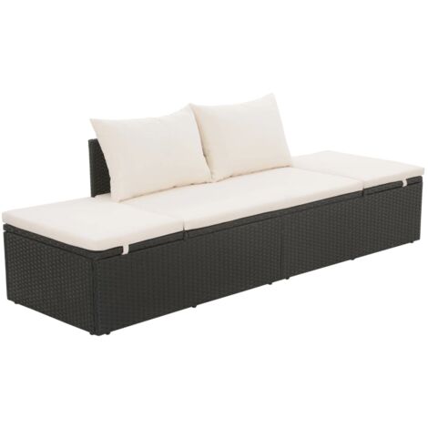 Vidaxl – Lit de jardin réglable noir 195x60 cm – Résine tressée résistante à l'eau – Coussin épais amovible – Cadre en acier durable