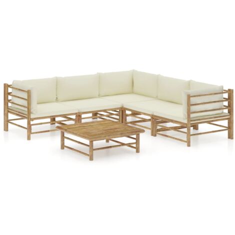 Vidaxl – Salon de jardin 6 pcs en bambou avec coussins blanc crème – Canapés modulables pour extérieur – Confort optimal et entretien facile