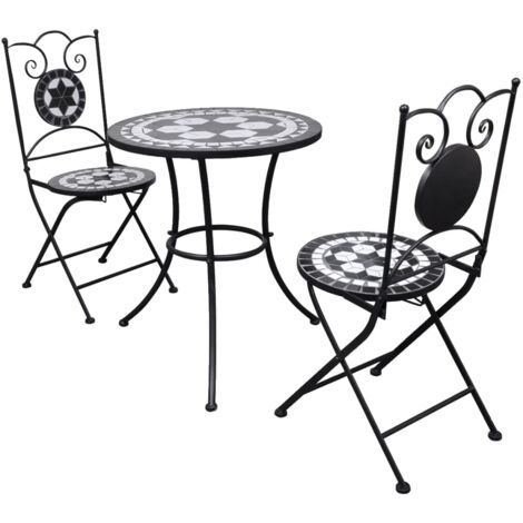 Vidaxl – Ensemble table et chaises de jardin 3 pcs – Carreaux céramiques noir et blanc – Cadre en fer enduit de poudre – Dimensions table 60x70cm