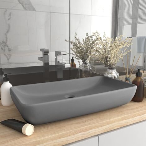 Vidaxl – Lavabo rectangulaire en céramique gris clair mat 71x38x13,5 cm – Installation au-dessus du comptoir – Design moderne et élégant (1/6)