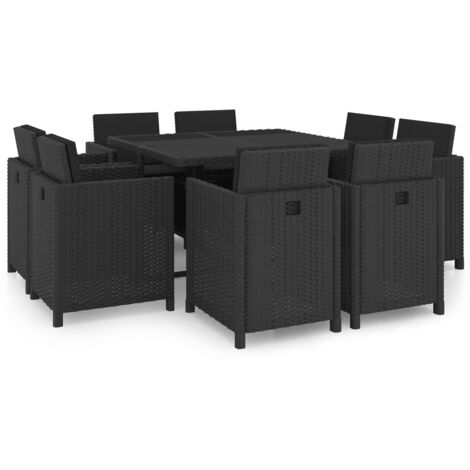 Vidaxl – Ensemble table et chaise de jardin 9pcs – Résine tressée noire – Coussins épais en polyester hydrofuge – Table 109x109cm
