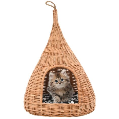 Vidaxl – Panier pour chat en saule naturel 40x60 cm – Coussin en coton et polyester – Conception tipi pour confort – Boucle d'accroche intégrée