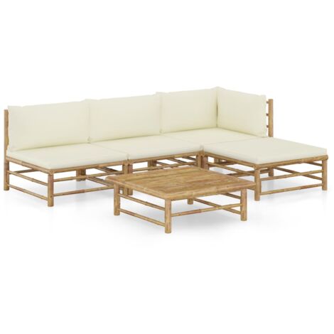 Vidaxl – Salon de jardin 5 pcs en bambou avec coussins blanc crème – Conception modulaire – Housses amovibles et lavables – Idéal pour espaces extérieurs