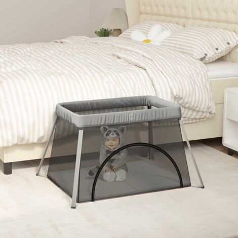 Vidaxl – Parc pour bébé compact avec matelas 100 x 60 x 3,5 cm – Tissu en lin gris clair – Sac de transport inclus – Lit de voyage 2 en 1