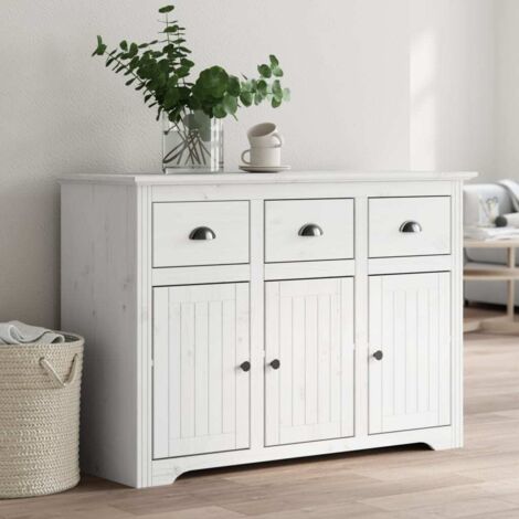 Vidaxl – Buffet BODO blanc 115,5x44x80 cm – Bois massif de pin – 3 tiroirs et 3 portes avec poignées en métal – Style français