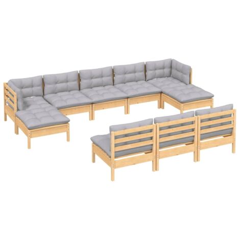 Salon de jardin 10 pcs avec coussins gris Bois de pin vidaXL (1/5)