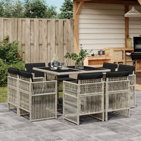 Vidaxl – Ensemble table et chaise de jardin 9 pcs – Rotin gris clair – Coussins épais – Dessus en verre trempé – Rangement compact (1/5)